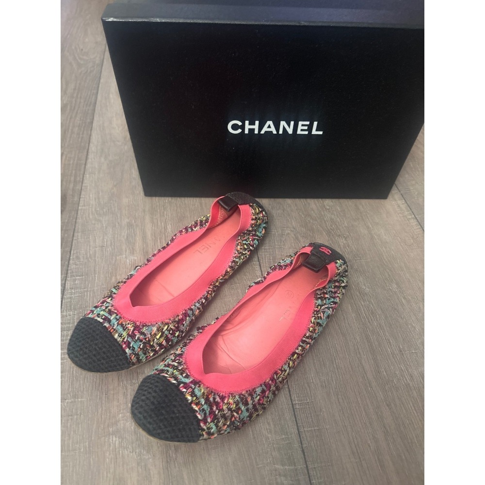 Chanel Multicolor Tweed Cap Toe Ballet Flats Pink Trim CC - Picture 1 of 6